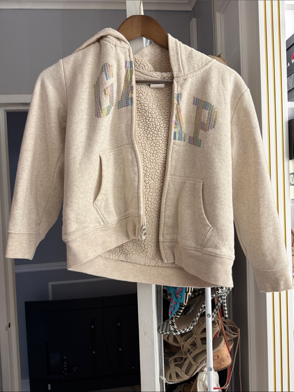 GAP Kids Cream Zip-Up Hooded Sherpa Jacket with Iridescent Logo